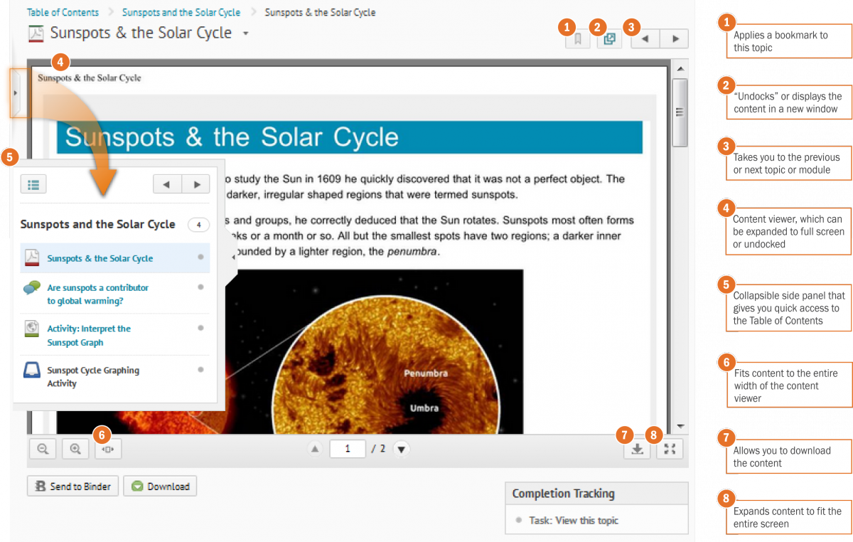 The content  viewer enables you to preview documents and bookmark content. It also has controls for you to open the content in a new window, navigate between modules and topics, fit the document to width, download it, and expand it to full screen.